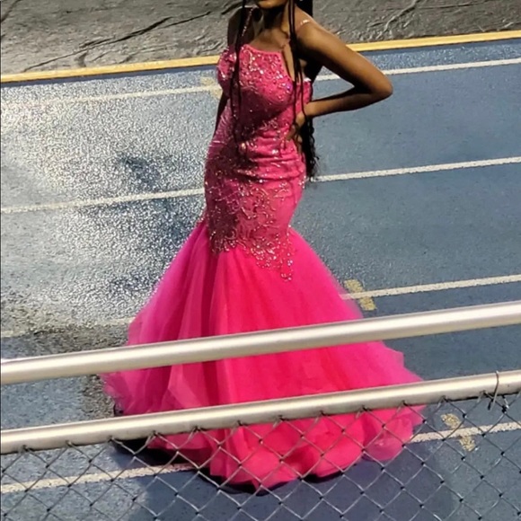 Fuchsia Pink Mermaid Tulle Sequin Long Prom Dress - Picture 2 of 3